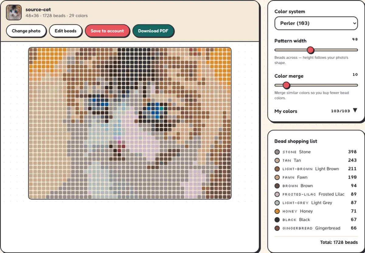 BeadFuse converter showing the source photo, bead grid, color palette, bead shopping list and PDF export