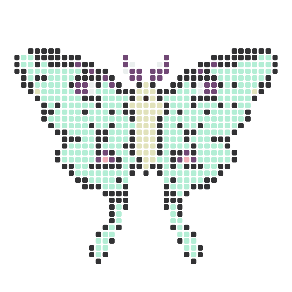 Moth Perler Bead Pattern perler bead pattern chart — 43×43 grid, 617 beads, 7 colors